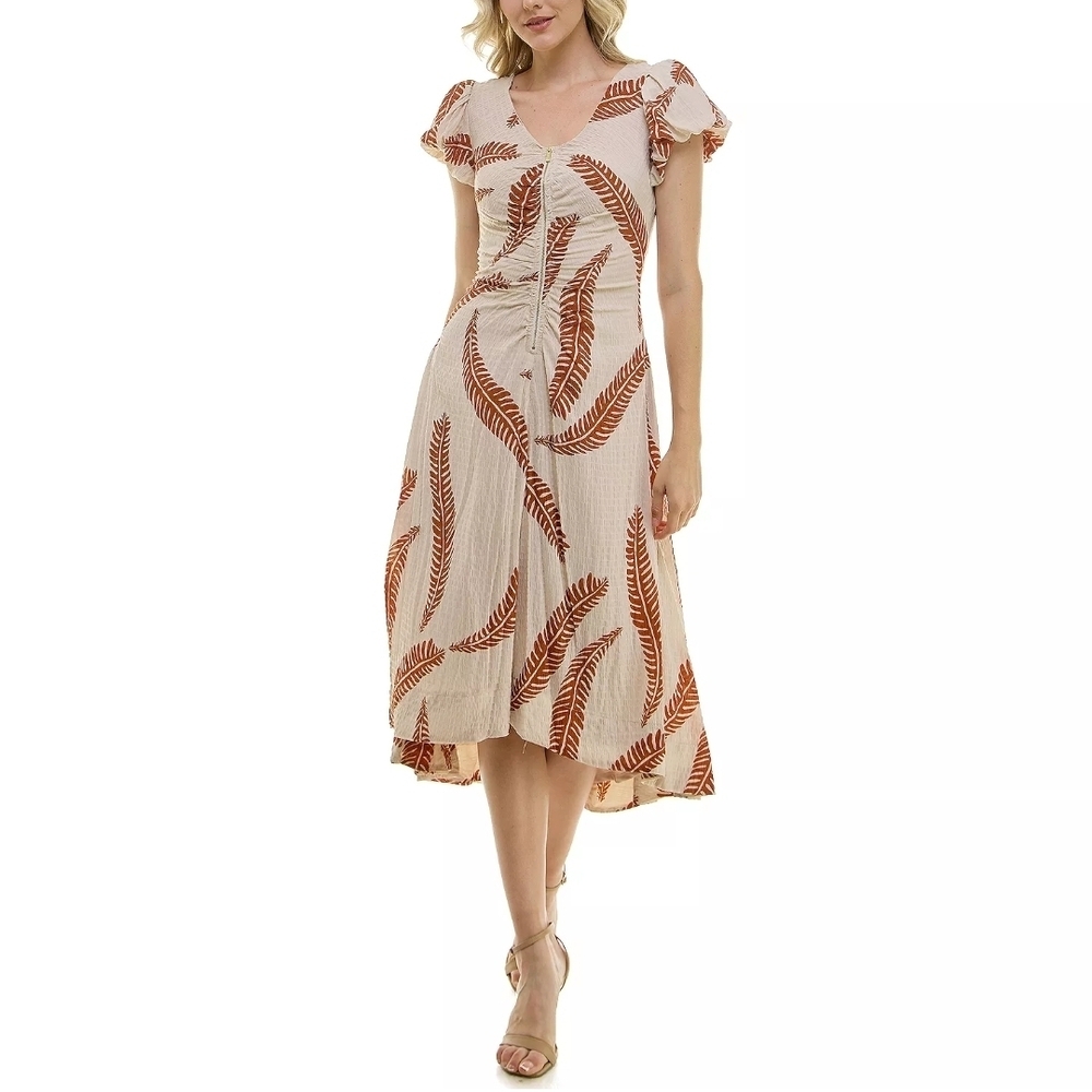 Taylor XL 16 Beige Rust Leaf Print Maxi Dress Button Front Boho Flowy V-neck